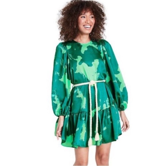 ALEXIS x Target Green Puff Sleeve Rope Belt Mini Dress Sz XS - Picture 2 of 12